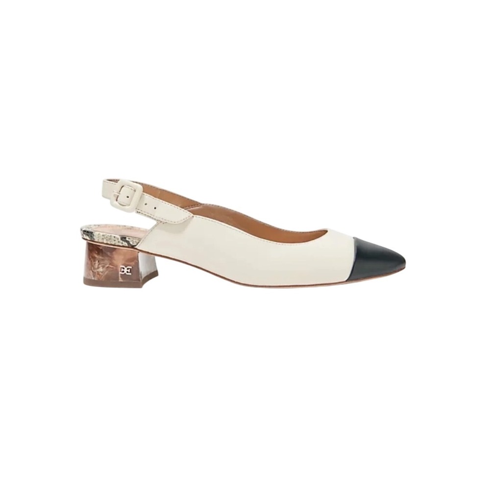 Sam Edelman Cream Black Cap Toe Sadira Slingback Block Heel Pumps 10.5 Elevated